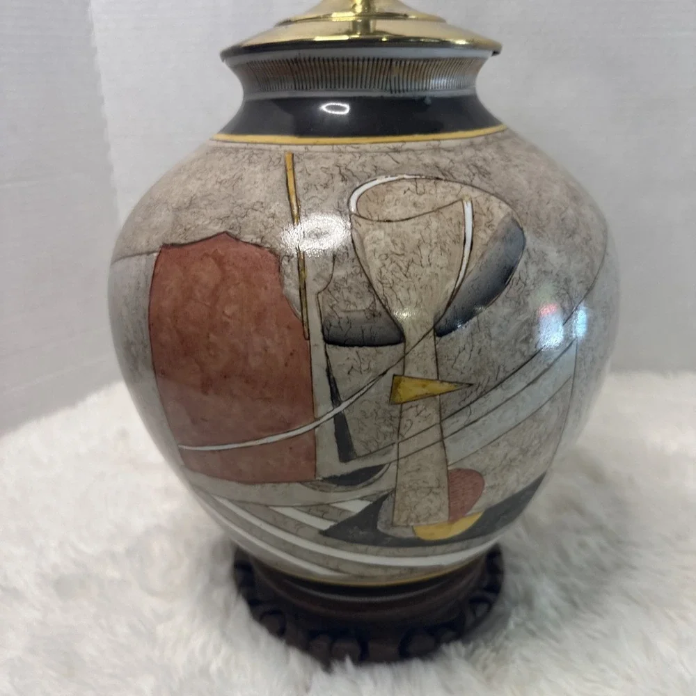 Vintage Abstract 80's Geometric Studio Pottery Table Lamp Urn Brass Wood Deco